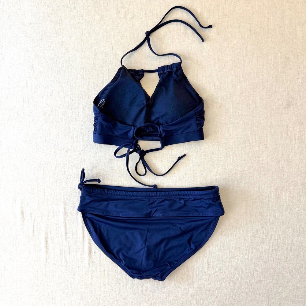 Athleta Navy Blue Bikini Set High Neck Halter Keyhole Top Side Tie Bottoms S - Picture 2 of 10